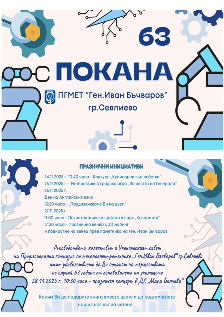 Стартира празничната програма по случай 63 години от основаването на ПГМЕТ ”Ген.Иван Бъчваров”